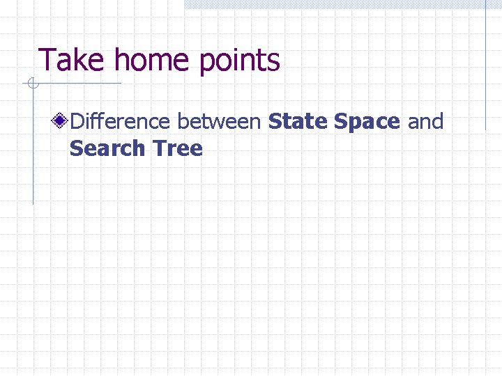 Take home points Difference between State Space and Search Tree 