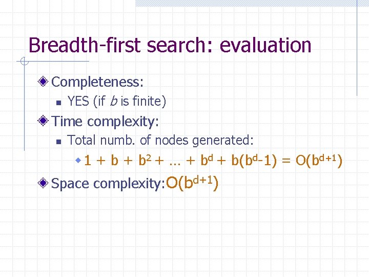 Breadth-first search: evaluation Completeness: n YES (if b is finite) Time complexity: n Total