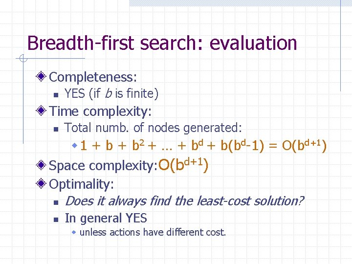 Breadth-first search: evaluation Completeness: n YES (if b is finite) Time complexity: n Total