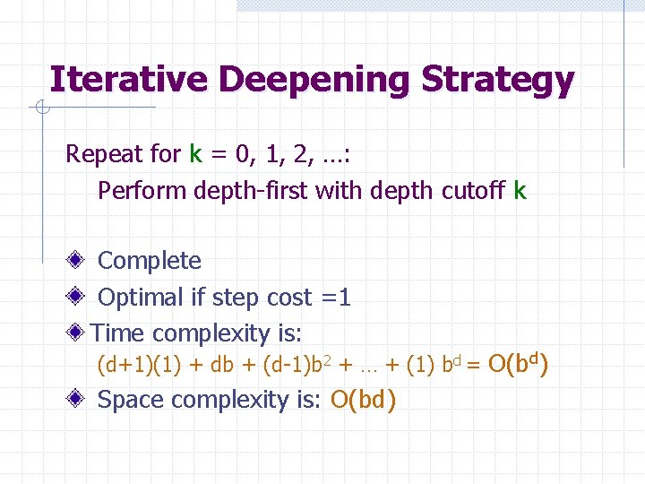 Iterative Deepening Strategy Repeat for k = 0, 1, 2, …: Perform depth-first with