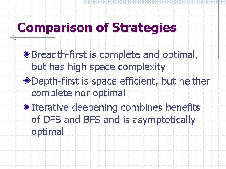 Comparison of Strategies Breadth-first is complete and optimal, but has high space complexity Depth-first
