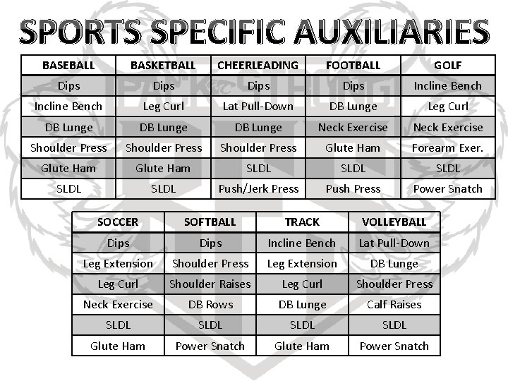 SPORTS SPECIFIC AUXILIARIES BASEBALL BASKETBALL CHEERLEADING FOOTBALL GOLF Dips Incline Bench Leg Curl Lat