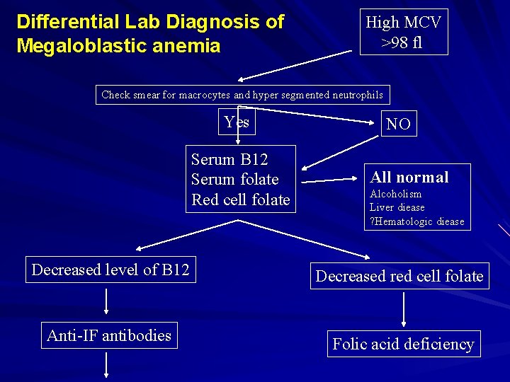 Differential Lab Diagnosis of Megaloblastic anemia High MCV >98 fl Check smear for macrocytes