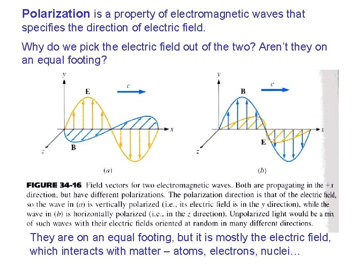 Polarization is a property of electromagnetic waves that specifies the direction of electric field. Polarization is a property of electromagnetic waves that specifies the direction of electric field.