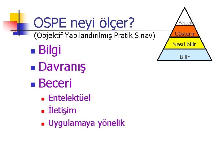 OSPE neyi ölçer? (Objektif Yapılandırılmış Pratik Sınav) Bilgi n Davranış n Beceri n n