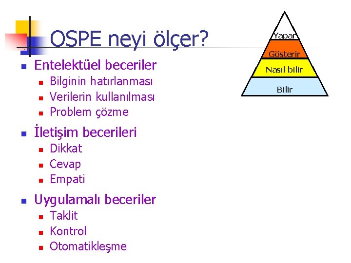 OSPE neyi ölçer? n Entelektüel beceriler n n İletişim becerileri n n Bilginin hatırlanması