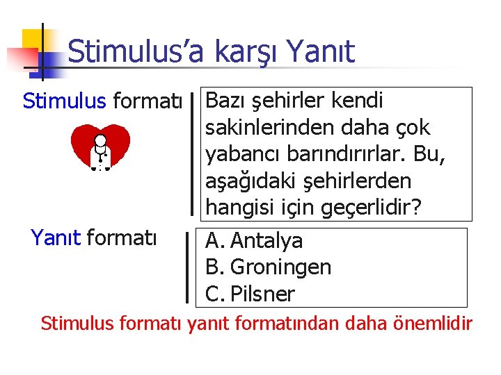 Stimulus’a karşı Yanıt Stimulus formatı Bazı şehirler kendi sakinlerinden daha çok yabancı barındırırlar. Bu,