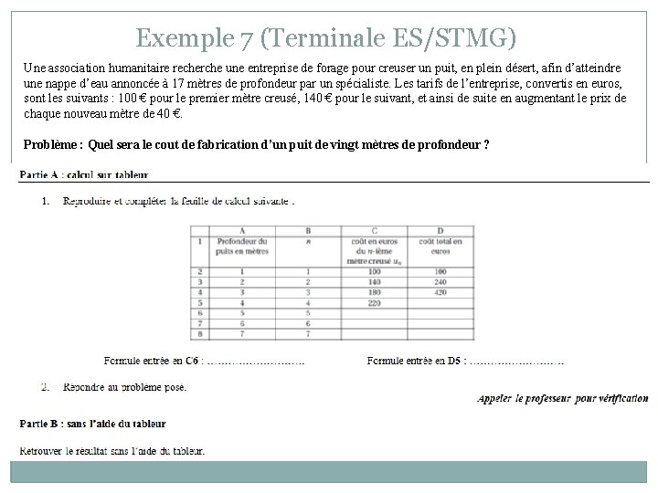 Exemple 7 (Terminale ES/STMG) Une association humanitaire recherche une entreprise de forage pour creuser