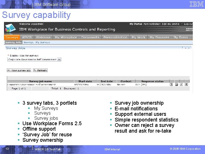 IBM Software Group Survey capability § 3 survey tabs, 3 portlets § § 13