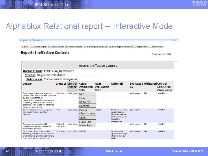 IBM Software Group Alphablox Relational report – Interactive Mode 33 WBCR 2. 6 Tech.