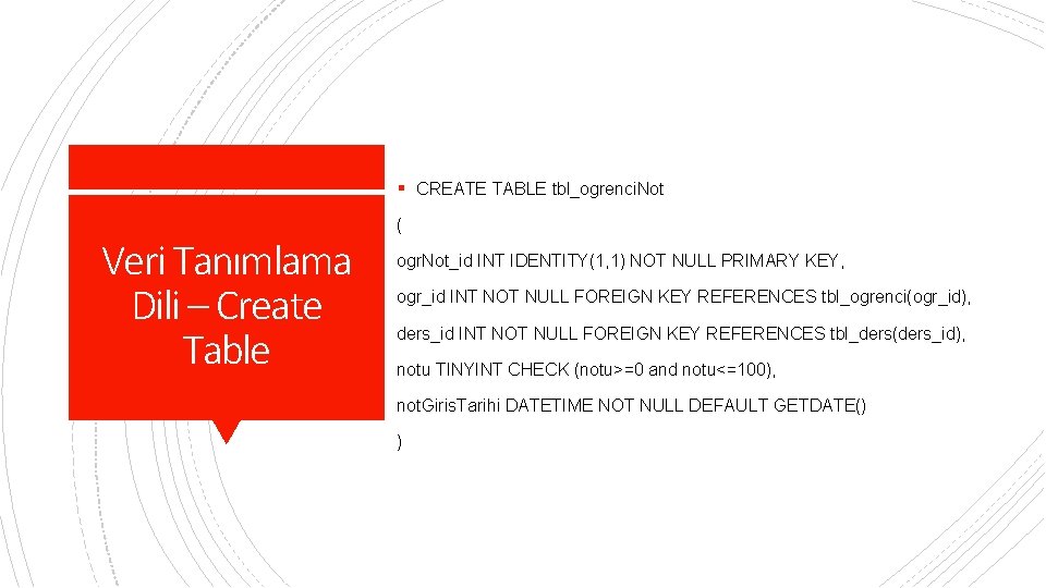 § CREATE TABLE tbl_ogrenci. Not Veri Tanımlama Dili – Create Table ( ogr. Not_id