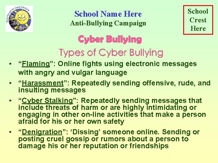 School Name Here Anti-Bullying Campaign School Crest Here • “Flaming”: Online fights using electronic