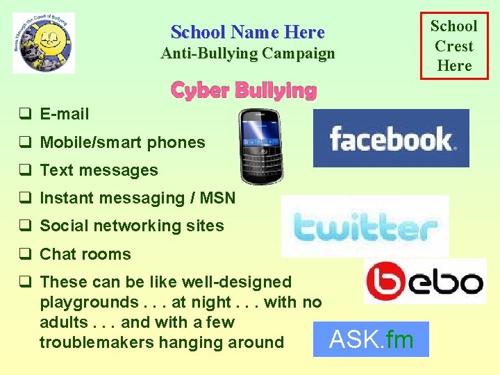 School Name Here Anti-Bullying Campaign q E-mail q Mobile/smart phones q Text messages q