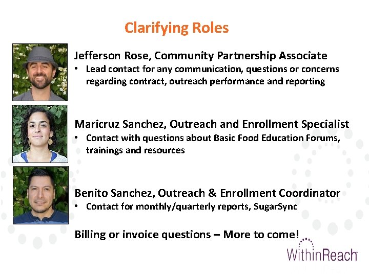 Clarifying Roles Jefferson Rose, Community Partnership Associate • Lead contact for any communication, questions