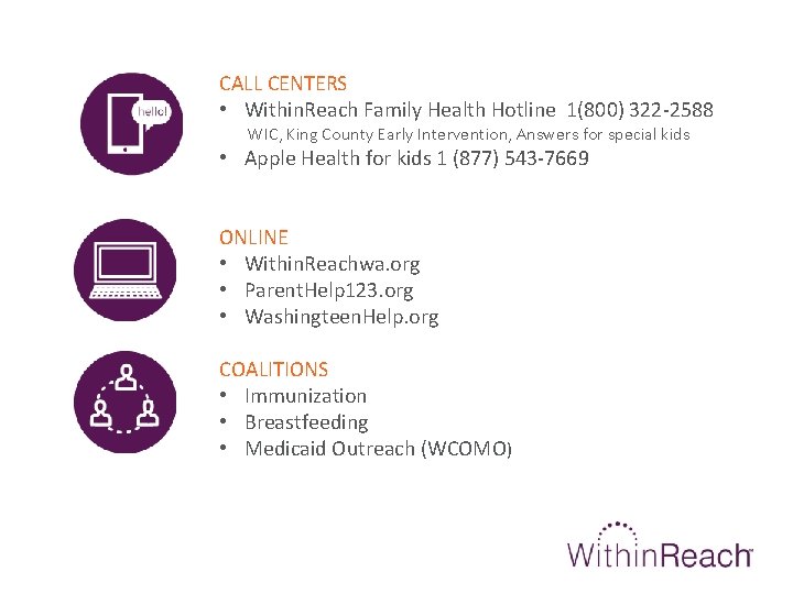 CALL CENTERS • Within. Reach Family Health Hotline 1(800) 322 -2588 WIC, King County