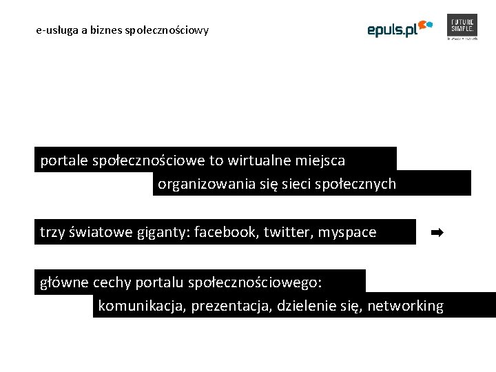 e-usługa a biznes społecznościowy portale społecznościowe to wirtualne miejsca organizowania się sieci społecznych trzy