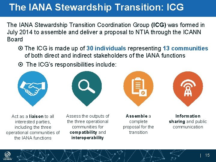 The IANA Stewardship Transition: ICG The IANA Stewardship Transition Coordination Group (ICG) was formed