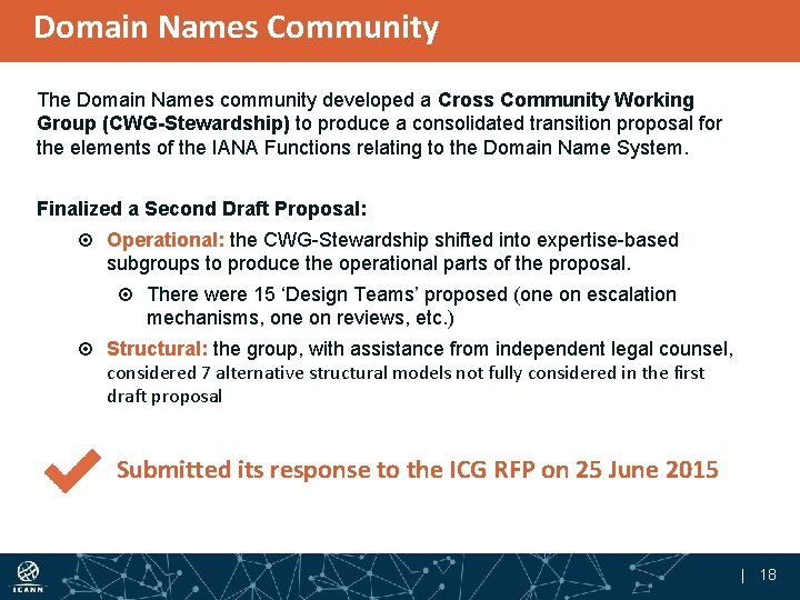 Domain Names Community The Domain Names community developed a Cross Community Working Group (CWG-Stewardship)