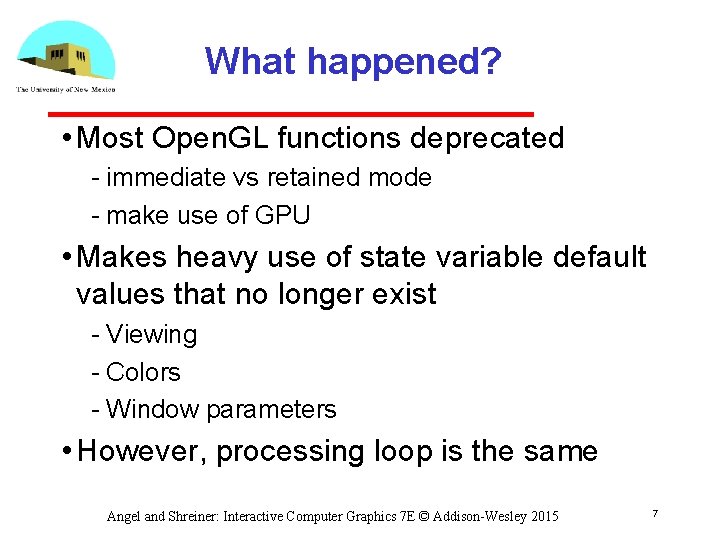 What happened? • Most Open. GL functions deprecated immediate vs retained mode make use