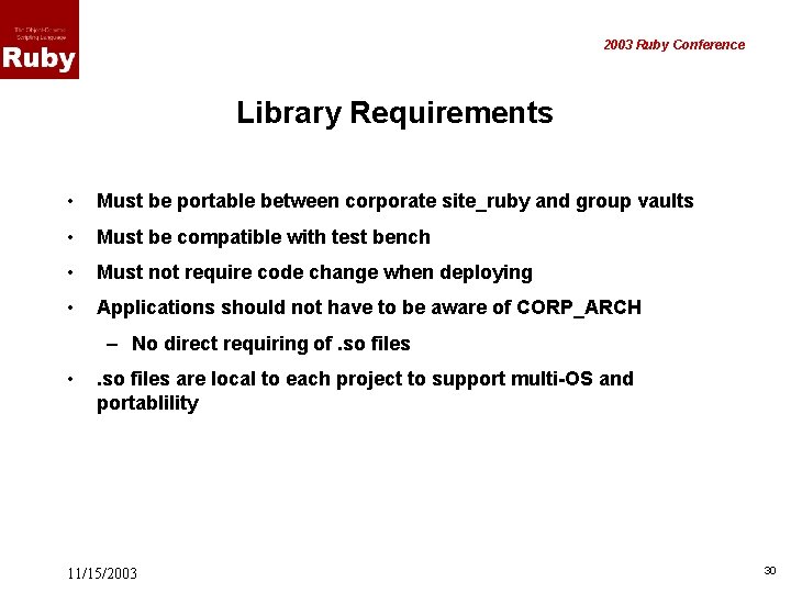 2003 Ruby Conference Library Requirements • Must be portable between corporate site_ruby and group