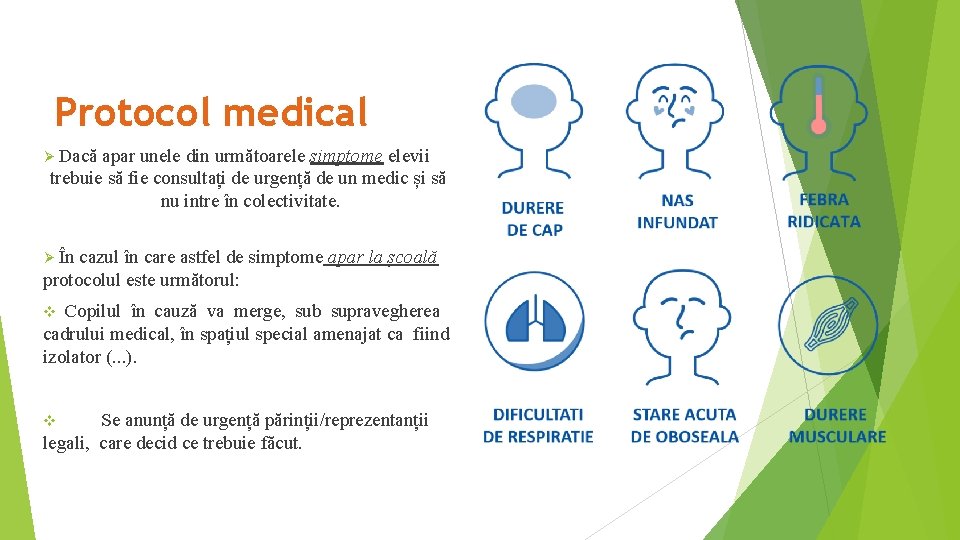 Protocol medical Dacă apar unele din următoarele simptome elevii trebuie să fie consultați de