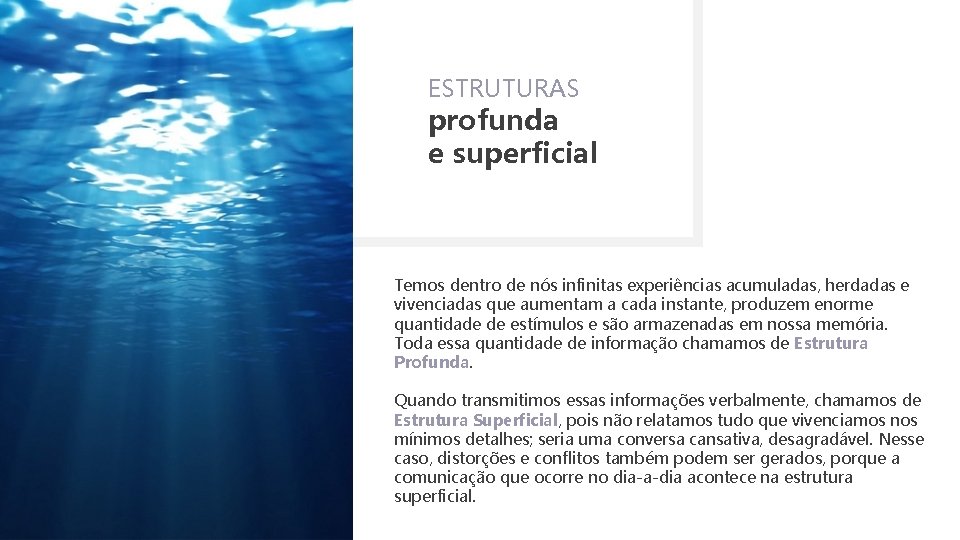 ESTRUTURAS profunda e superficial Temos dentro de nós infinitas experiências acumuladas, herdadas e vivenciadas