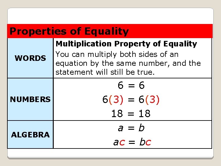 Properties of Equality WORDS NUMBERS ALGEBRA Multiplication Property of Equality You can multiply both