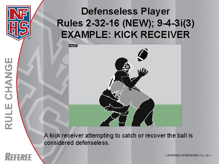 Defenseless Player Rules 2 -32 -16 (NEW); 9 -4 -3 i(3) EXAMPLE: KICK RECEIVER Defenseless Player Rules 2 -32 -16 (NEW); 9 -4 -3 i(3) EXAMPLE: KICK RECEIVER