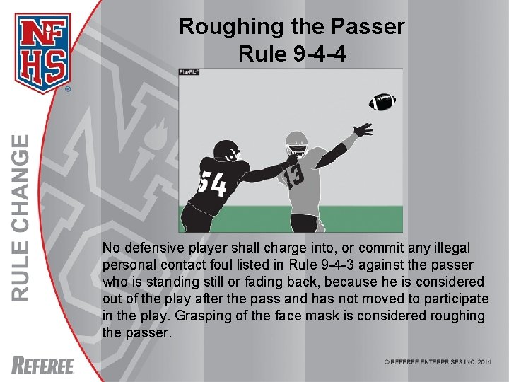 Roughing the Passer Rule 9 -4 -4 No defensive player shall charge into, or Roughing the Passer Rule 9 -4 -4 No defensive player shall charge into, or