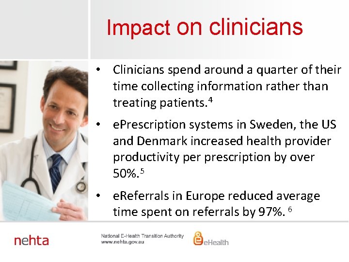 Impact on clinicians • Clinicians spend around a quarter of their time collecting information
