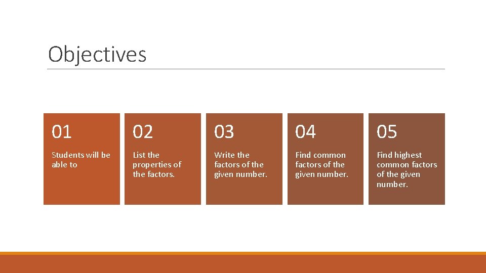 Objectives 01 02 03 04 05 Students will be able to List the properties