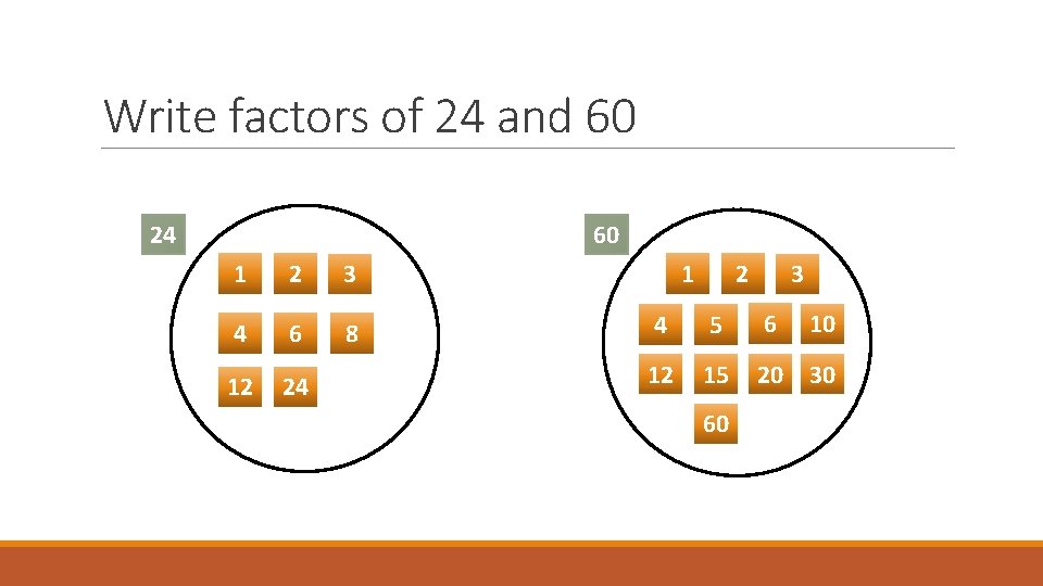 Write factors of 24 and 60 24 60 1 2 3 4 6 8