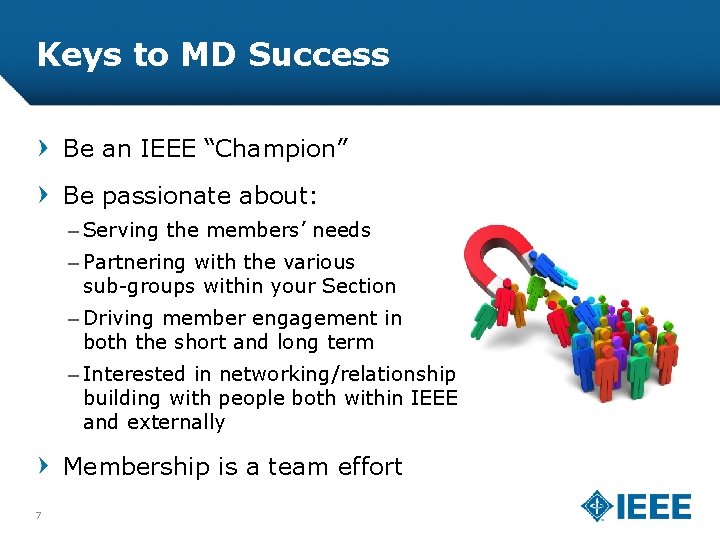 Keys to MD Success Be an IEEE “Champion” Be passionate about: – Serving the