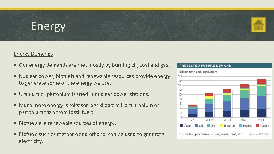 Energy Demands § Our energy demands are met mostly by burning oil, coal and