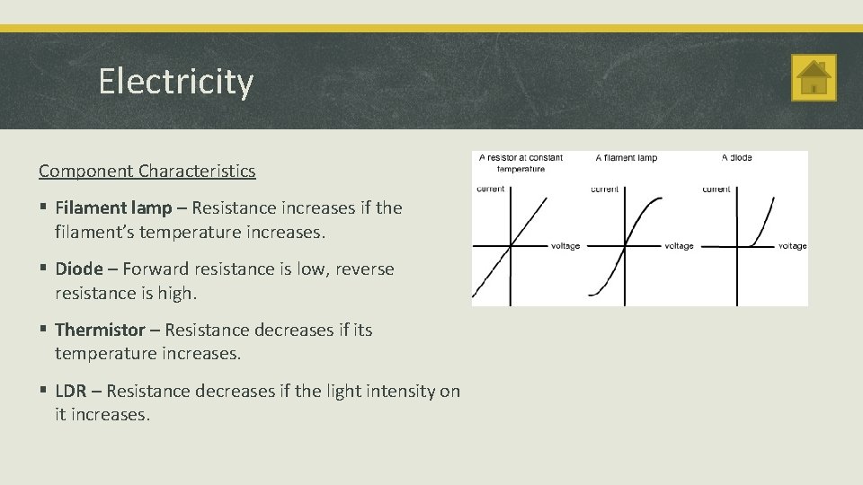 Electricity Component Characteristics § Filament lamp – Resistance increases if the filament’s temperature increases.