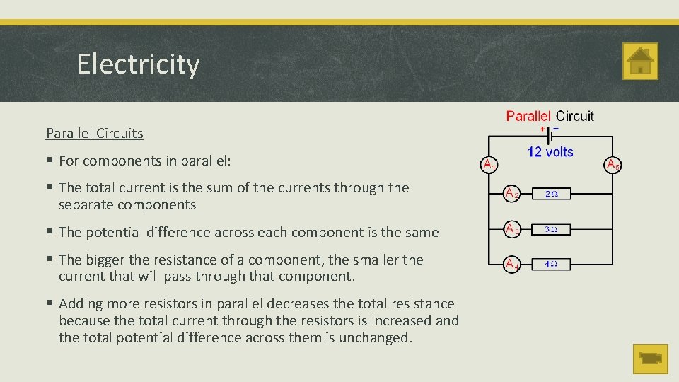 Electricity Parallel Circuits § For components in parallel: § The total current is the