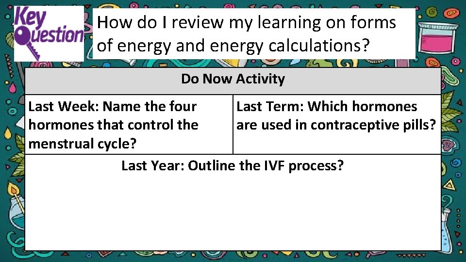 How do I review my learning on forms of energy and energy calculations? Do