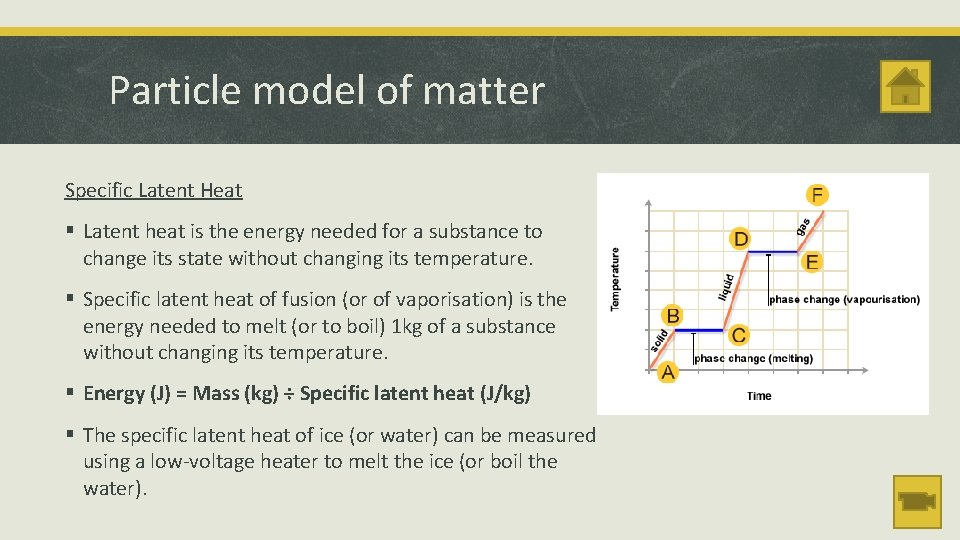 Particle model of matter Specific Latent Heat § Latent heat is the energy needed