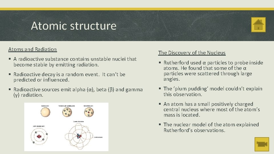 Atomic structure Atoms and Radiation § A radioactive substance contains unstable nuclei that become