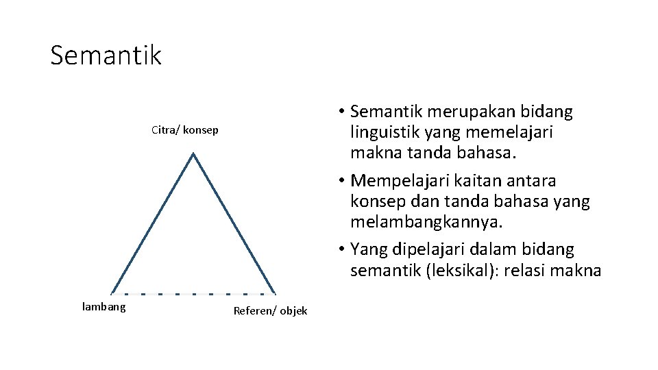 Semantik • Semantik merupakan bidang linguistik yang memelajari makna tanda bahasa. • Mempelajari kaitan