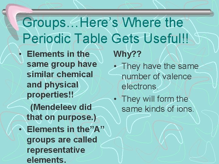 Groups…Here’s Where the Periodic Table Gets Useful!! • Elements in the same group have