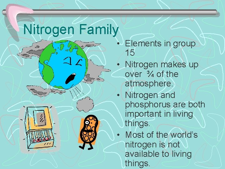 Nitrogen Family • Elements in group 15 • Nitrogen makes up over ¾ of