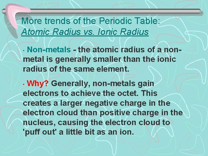 More trends of the Periodic Table: Atomic Radius vs. Ionic Radius Non-metals - the