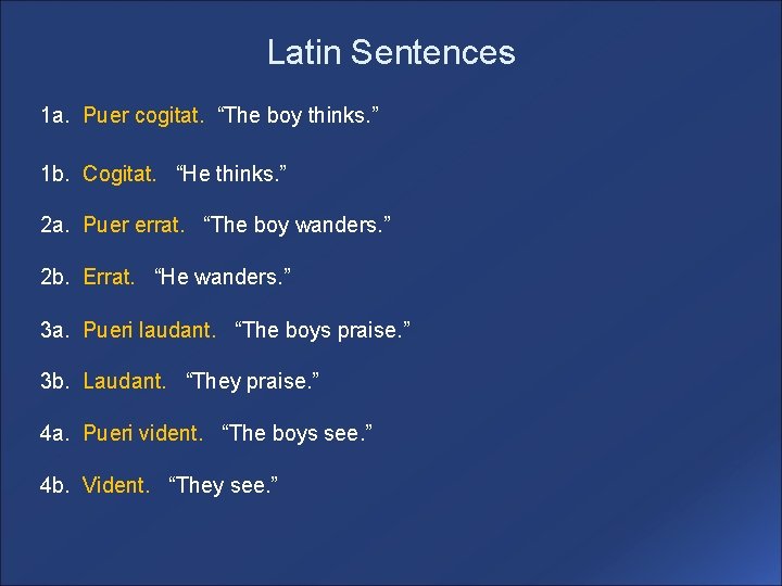 Latin Sentences 1 a. Puer cogitat. “The boy thinks. ” 1 b. Cogitat. “He