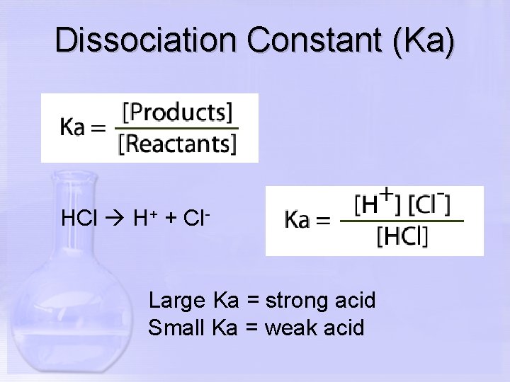 Dissociation Constant (Ka) HCl H+ + Cl- Large Ka = strong acid Small Ka