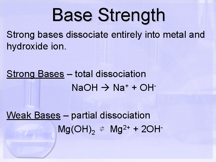 Base Strength Strong bases dissociate entirely into metal and hydroxide ion. Strong Bases –
