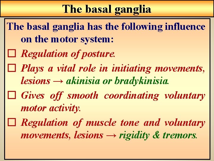 The basal ganglia has the following influence on the motor system: � Regulation of