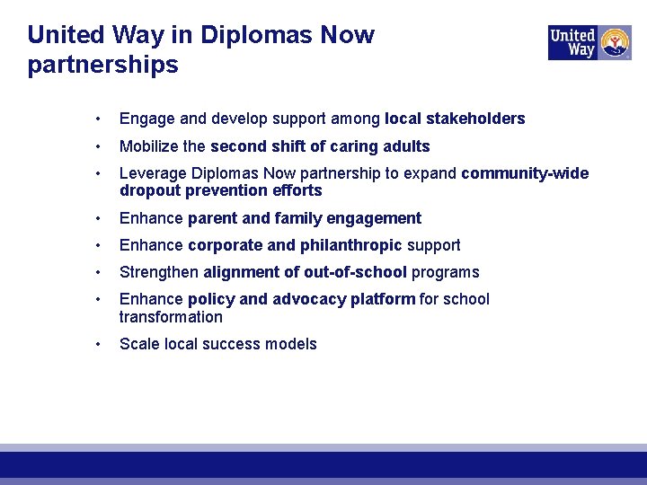 United Way in Diplomas Now partnerships • Engage and develop support among local stakeholders