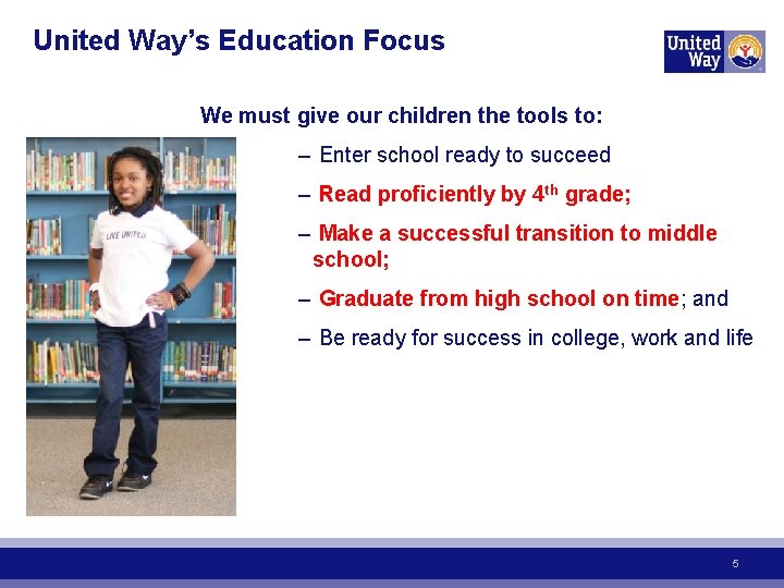 United Way’s Education Focus We must give our children the tools to: – Enter
