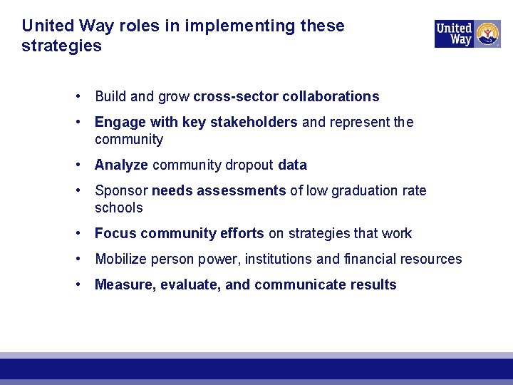 United Way roles in implementing these strategies • Build and grow cross-sector collaborations •